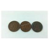 Three Indian head pennies, 1895, 1901, and 1908