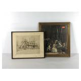 Two early pictures, parlor scene, framed 17x19,