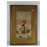 Early watercolor painting, girl with water