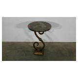 Heavy little accent stand. Metal base, stone-like