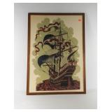 "Galleon" print, signed G. Gillick, teak frame,