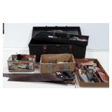 Tools group, tool box, oil cans, hatchet, saws,