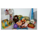 Plastic tote full of toys and plush characters