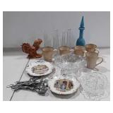 Glass bud vases, mugs,  painted plates,  relish