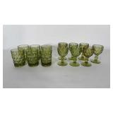 Avocado green glass wine goblets (7) and tumblers