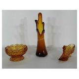 Amber Glass lot: 10" 5 finger swung vase, shoe