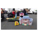 Skid of kids toys and playhouses, Halloween decor