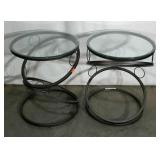 Two metal base, glass topped accent tables,