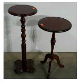 Two accent tables, same tone of wood, but