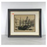 Harbor scene etching print, artist signed, framed