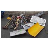 Tools, snow shovels, sledge hammer, 4way cart,