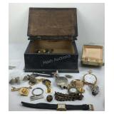 Wooden box with Waltham pocket watch. Pins, wrist