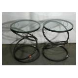 Two metal base, glass topped accent tables,