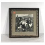 Early framed print, dog herding scene, 23x23,