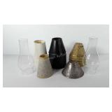 Two glass oil lamp chimneys, 9", and lamp shades,