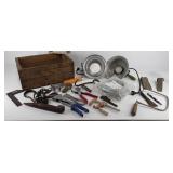 Tool lot: lights, leather hole punch, clamp,