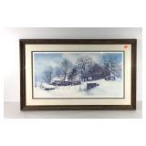 Signed and numbered winter farm scene, framed and