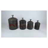 4 metal canisters with chicken / rooster design.