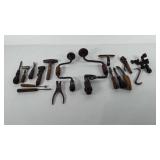 Tools, includes hand drills, monkey wrench,