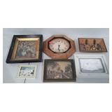 Framed clock and wall art group.