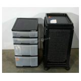 Plastic storage bins and hairstylists cart, cart