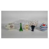 Glassware, 9" cake stand, P.G. Co. creamer, and