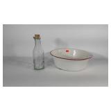 Enamel 16" dish pan and 12" milk bottle with