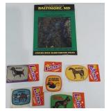 5 iron on patches and a map of Baltimore