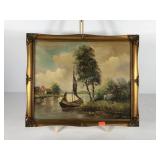 Painting on canvas, sailboat on the riverbank,
