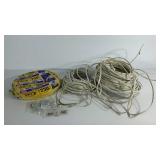 Tote of electrical wire and assorted clamps,