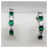 Silver Simulated Emerald Hoop Earrings,