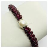 Silver Garnet Pearl  Bracelet,