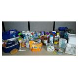Group lot of cleaning supplies and heat lamp