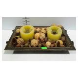 Home decor - metal tray with candles, pine cones,