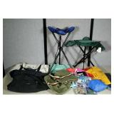 Group lot of travel items. Camp stools, totebags,