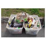 Two clear totes of misc chemicals
