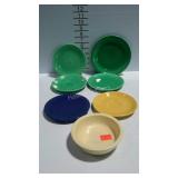 Fiestaware cake plate, saucers, small bowl