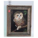 Owl painting on board, signed Meghan E., rustic
