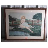 Print by Janie Dickinson, Lady by a pond, framed