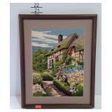 Cottage needlepoint, framed and matted, 17 x 21