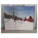 Painting on board, farm in winter scene, signed