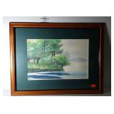 Watercolor, lake scene, signed M. Malley,