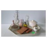 Dresser items - trinket boxes, perfume bottles,