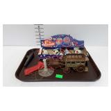 Toys- tin wind-up stage coach, & kazoo, whirly gig