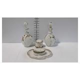 Milk glass dresser set - bottles, pin tray, and