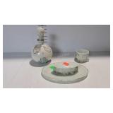 Milk glass dresser set - bottle, pin tray, and