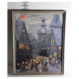 Framed print, European street scene, 17 x 21