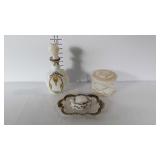 Milk glass dresser items - bottle, pin tray, and