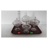 4 Glass covered pedestal candy dishes, pressed &