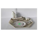 Milk glass dresser items - vase, pin trays, and